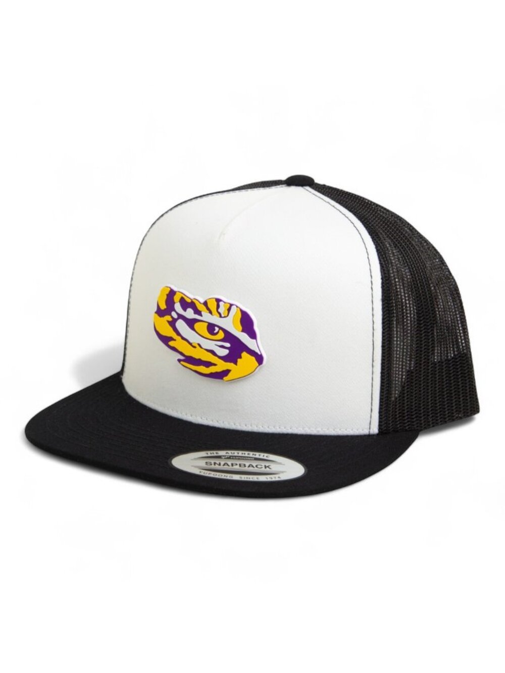 LSU Tiger Eye Snapback Flat Bill Trucker Hat- White/ Black